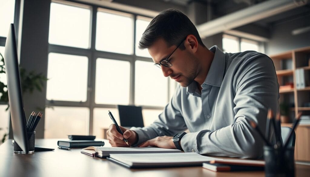 A modern, minimalist office space with ample natural light streaming through large windows. A well-organized desk features a sleek notebook, a variety of pens and pencils, and a focused, contemplative professional immersed in the act of journaling. Soft, cinematic lighting illuminates the scene, creating a tranquil, reflective atmosphere. The image conveys the effectiveness and intentionality of journaling as a tool for busy professionals to cultivate mental well-being and personal growth. A modern, minimalist office space with ample natural light streaming through large windows. A well-organized desk features a sleek notebook, a variety of pens and pencils, and a focused, contemplative professional immersed in the act of journaling. Soft, cinematic lighting illuminates the scene, creating a tranquil, reflective atmosphere. The image conveys the effectiveness and intentionality of journaling as a tool for busy professionals to cultivate mental well-being and personal growth.