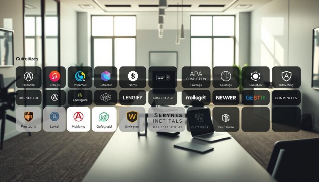 A modern, minimalist office space with sleek, customizable branding features. In the foreground, an array of customization options are showcased, including various logos, color palettes, and typography styles. The middle ground features a well-lit desk with a laptop, tablet, and other office accessories, hinting at the creative workflow. The background is a softly lit, contemporary interior with large windows, allowing natural light to flood the scene. The overall mood is professional, sophisticated, and tailored to the user's needs. Cinematic lighting casts dramatic shadows, and the image is rendered in stunning 8K resolution.