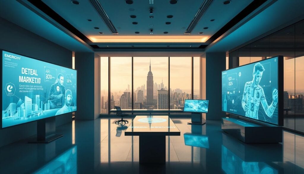 A modern, minimalist office space with sleek, futuristic displays showcasing an augmented reality marketing strategy. Holographic projections and AR-powered interactive displays fill the foreground, creating an immersive, technology-driven atmosphere. Soft, cinematic lighting casts dramatic shadows, highlighting the seamless integration of digital and physical elements. In the background, a panoramic city skyline sets the scene, suggesting the global reach and impact of this cutting-edge marketing approach. The overall aesthetic is clean, sophisticated, and designed to captivate the viewer, reflecting the power and potential of augmented reality in the business world.