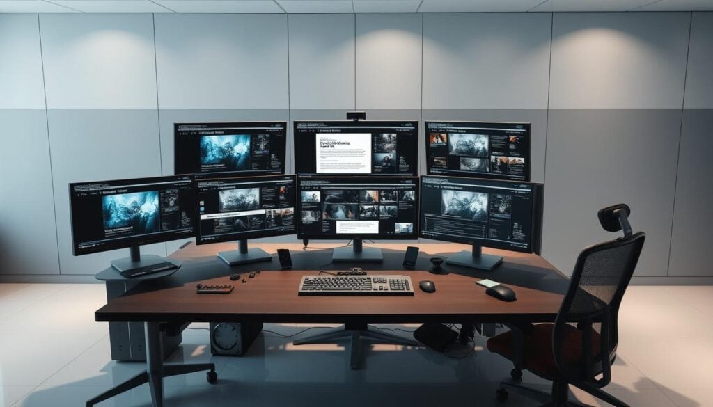 A modern multimedia workstation set against a sleek, minimalist office backdrop. Cinematic lighting casts dramatic shadows, illuminating the array of screens, keyboards, and digital tools used for seamless multimedia storytelling integration. A sense of focus and creativity permeates the scene, hinting at the dynamic interplay of text, visuals, and interactive elements that define the future of digital journalism. The composition balances clean lines, muted tones, and state-of-the-art technology, conveying a vision of the evolving landscape of content production and dissemination. A modern multimedia workstation set against a sleek, minimalist office backdrop. Cinematic lighting casts dramatic shadows, illuminating the array of screens, keyboards, and digital tools used for seamless multimedia storytelling integration. A sense of focus and creativity permeates the scene, hinting at the dynamic interplay of text, visuals, and interactive elements that define the future of digital journalism. The composition balances clean lines, muted tones, and state-of-the-art technology, conveying a vision of the evolving landscape of content production and dissemination.