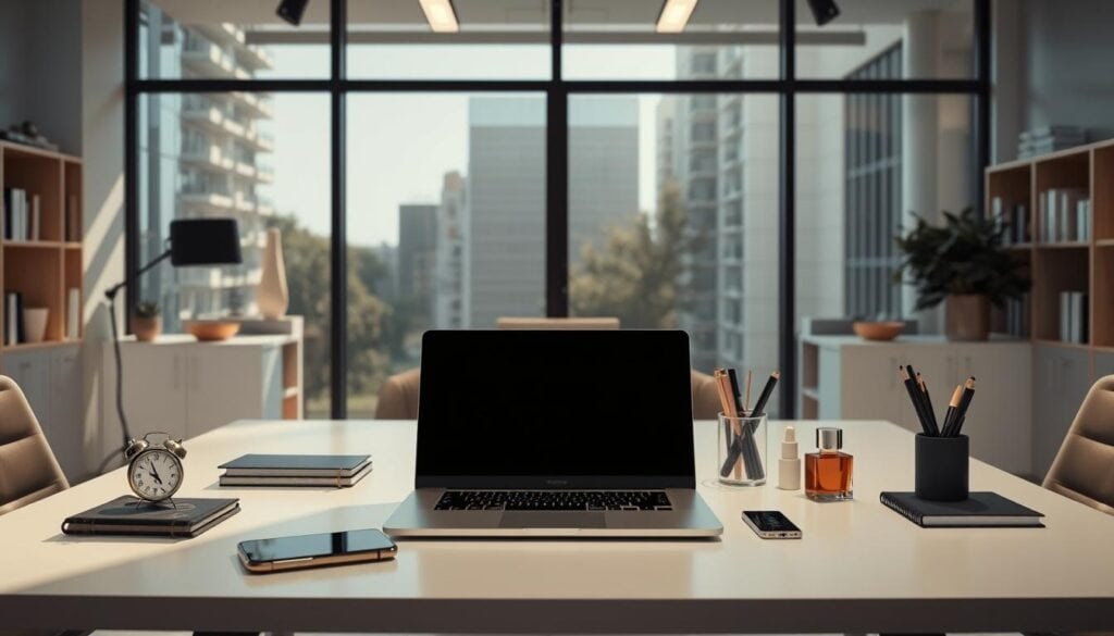 A modern office interior, illuminated by cinematic lighting, showcases key tactics for influencer marketing. A clean, minimalist desk takes center stage, adorned with a sleek laptop, a stylish smartphone, and a carefully curated selection of visually appealing props. The background features a large, floor-to-ceiling window, allowing natural light to filter in, creating a warm and inviting atmosphere. The overall scene conveys a sense of professionalism, attention to detail, and a keen understanding of the strategies that drive successful influencer collaborations. The image is captured in high resolution, 8K quality, presenting a photorealistic and visually compelling representation of the subject matter.