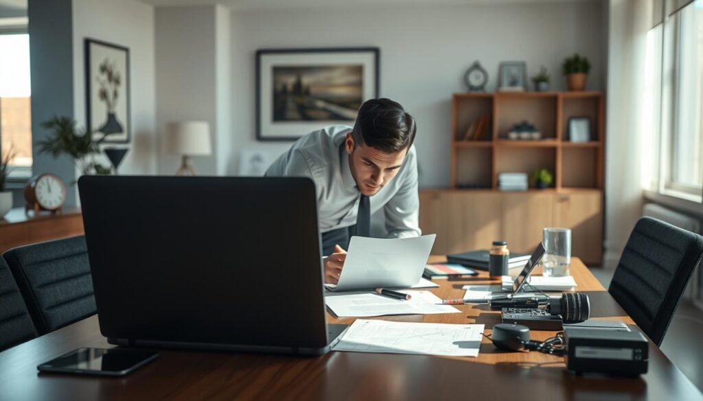 A modern office interior with a professional troubleshooting scenario unfolding. A desk with a laptop, documents, and various tools and gadgets sits in the foreground, casting soft shadows under cinematic lighting. In the middle ground, a businessperson leans in, deeply focused on the task at hand. The background features tasteful decor, including framed artwork and minimalist shelving, conveying an atmosphere of thoughtful problem-solving. The scene is rendered in photorealistic 8K detail, capturing the tension and concentration of the moment. A modern office interior with a professional troubleshooting scenario unfolding. A desk with a laptop, documents, and various tools and gadgets sits in the foreground, casting soft shadows under cinematic lighting. In the middle ground, a businessperson leans in, deeply focused on the task at hand. The background features tasteful decor, including framed artwork and minimalist shelving, conveying an atmosphere of thoughtful problem-solving. The scene is rendered in photorealistic 8K detail, capturing the tension and concentration of the moment.