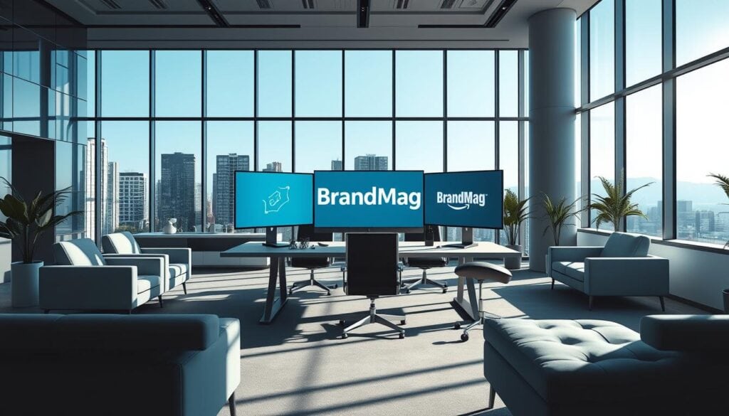 A modern office interior with sleek, minimalist furniture and large windows letting in abundant natural light. In the center, a large desk with multiple computer screens, representing the integration of various ecommerce platforms. On the screens, the "BrandMag" logo is prominently displayed, indicating the article's focus. Sophisticated lighting casts dramatic shadows, creating a cinematic atmosphere. The scene conveys a sense of professionalism and technological sophistication, reflecting the topic of affiliate marketing and ecommerce integration. A modern office interior with sleek, minimalist furniture and large windows letting in abundant natural light. In the center, a large desk with multiple computer screens, representing the integration of various ecommerce platforms. On the screens, the "BrandMag" logo is prominently displayed, indicating the article's focus. Sophisticated lighting casts dramatic shadows, creating a cinematic atmosphere. The scene conveys a sense of professionalism and technological sophistication, reflecting the topic of affiliate marketing and ecommerce integration.