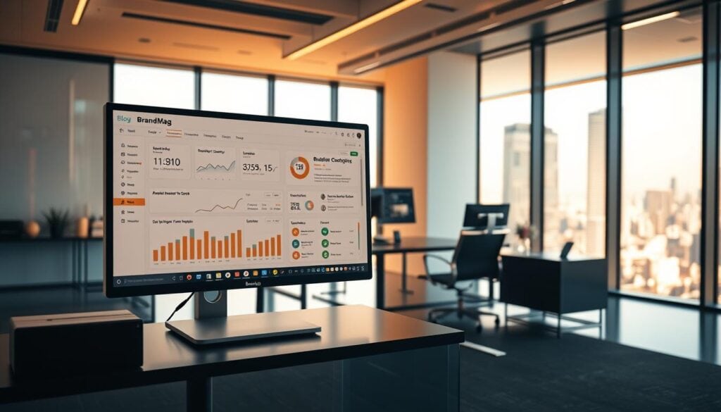 A modern office setting with clean lines and sleek furniture, bathed in warm, cinematic lighting. In the foreground, a desktop computer display shows an analytics dashboard, data visualizations, and a browser window highlighting the "BrandMag" blog. The middle ground features a stylish office chair and a minimalist desk, while the background showcases floor-to-ceiling windows overlooking a bustling city skyline. The overall atmosphere conveys a sense of productivity, data-driven insights, and a focus on identifying high-performing content. A modern office setting with clean lines and sleek furniture, bathed in warm, cinematic lighting. In the foreground, a desktop computer display shows an analytics dashboard, data visualizations, and a browser window highlighting the "BrandMag" blog. The middle ground features a stylish office chair and a minimalist desk, while the background showcases floor-to-ceiling windows overlooking a bustling city skyline. The overall atmosphere conveys a sense of productivity, data-driven insights, and a focus on identifying high-performing content.