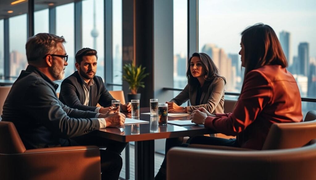 A modern office space bathed in warm, cinematic lighting. Focused individuals seated around a table, deeply engaged in earnest discussion - customer research interviews unfolding with a sense of purpose and attention to detail. Sleek, minimalist furniture and a large window providing a glimpse of a vibrant city skyline in the background. A photorealistic scene, captured in crisp 8K resolution, conveying the serious yet collaborative nature of this crucial business validation exercise. A modern office space bathed in warm, cinematic lighting. Focused individuals seated around a table, deeply engaged in earnest discussion - customer research interviews unfolding with a sense of purpose and attention to detail. Sleek, minimalist furniture and a large window providing a glimpse of a vibrant city skyline in the background. A photorealistic scene, captured in crisp 8K resolution, conveying the serious yet collaborative nature of this crucial business validation exercise.