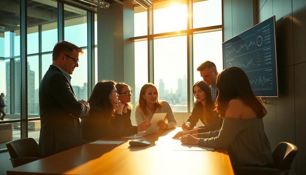 A modern office space with sleek, minimalist design. Sunlight streams in through floor-to-ceiling windows, casting a warm, cinematic glow across the room. In the foreground, a group of business professionals huddle around a table, deep in discussion about venture capital funding trends. Their expressions are serious, yet hopeful, as they pore over financial data displayed on a large, wall-mounted screen. In the background, the cityscape outside the windows hints at the dynamic, ever-changing startup ecosystem. The scene is rendered in photorealistic detail, capturing the energy and excitement of the venture capital industry. 8k resolution.