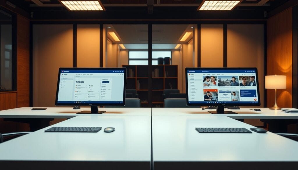 A modern office space with two adjacent desks, one showcasing a free language learning app and the other a premium version. The free app's screen displays a simple user interface with basic features, while the premium app's screen boasts an advanced, visually appealing design with additional tools and content. Warm, cinematic lighting illuminates the scene, creating a professional, business-focused atmosphere. The desk surfaces are clean and organized, hinting at a productive, focused work environment. The entire composition is captured in an 8K, photorealistic style, inviting the viewer to closely examine the distinct characteristics of the free and premium language learning experiences.