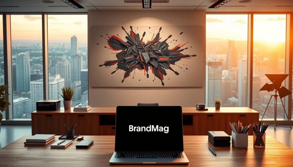 A modern office workspace with a cinematic lighting setup. In the foreground, a sleek wooden desk features an open laptop displaying the BrandMag logo, surrounded by various office supplies. In the middle ground, the wall showcases a large, abstract wall art piece that appears to transform and morph, symbolizing the "blog post transformation" concept. The background features floor-to-ceiling windows overlooking a vibrant cityscape, bathed in warm, golden hour lighting. The overall atmosphere conveys a sense of creativity, productivity, and dynamic transformation. Photorealistic, 8k resolution. A modern office workspace with a cinematic lighting setup. In the foreground, a sleek wooden desk features an open laptop displaying the BrandMag logo, surrounded by various office supplies. In the middle ground, the wall showcases a large, abstract wall art piece that appears to transform and morph, symbolizing the "blog post transformation" concept. The background features floor-to-ceiling windows overlooking a vibrant cityscape, bathed in warm, golden hour lighting. The overall atmosphere conveys a sense of creativity, productivity, and dynamic transformation. Photorealistic, 8k resolution.