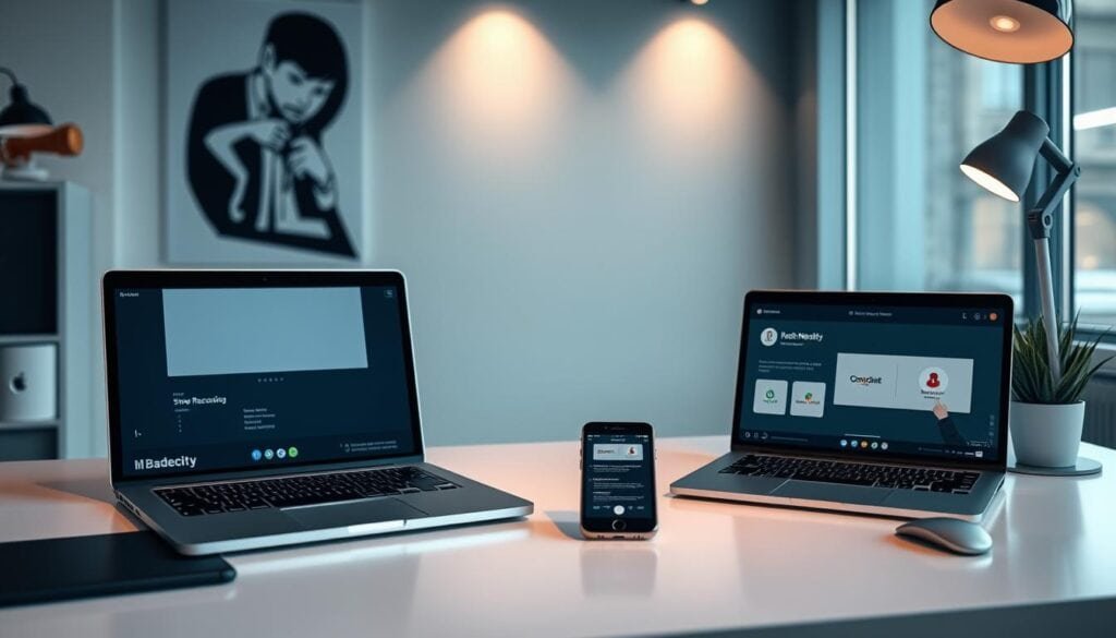 A modern office workspace with a laptop, smartphone, and a variety of affordable screen recording software options displayed on a clean, minimalist desk. Soft, cinematic lighting accentuates the professional, business-focused atmosphere. High-resolution, photorealistic details capture the sleek, contemporary design of the desk, devices, and digital interfaces showcasing the free screen recording tools. A modern office workspace with a laptop, smartphone, and a variety of affordable screen recording software options displayed on a clean, minimalist desk. Soft, cinematic lighting accentuates the professional, business-focused atmosphere. High-resolution, photorealistic details capture the sleek, contemporary design of the desk, devices, and digital interfaces showcasing the free screen recording tools.