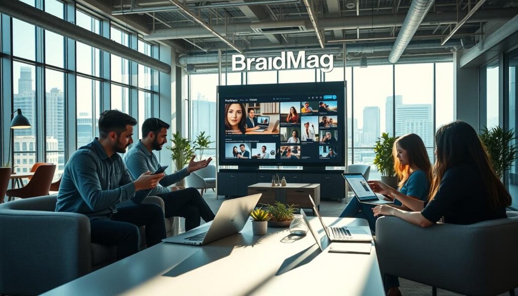 A modern open-concept office filled with natural light, sleek furniture, and BrandMag's logo prominently displayed. Cinematic lighting casts dramatic shadows, highlighting a group of professionals intently focused on their laptops and smartphones, immersed in social media engagement analytics. In the foreground, a team member gestures animatedly, explaining insights from the AI-powered video performance dashboard. The middle ground showcases a large screen displaying trending social media clips, while the background features floor-to-ceiling windows offering a cityscape view. An atmosphere of innovation and data-driven decision-making permeates the scene. A modern open-concept office filled with natural light, sleek furniture, and BrandMag's logo prominently displayed. Cinematic lighting casts dramatic shadows, highlighting a group of professionals intently focused on their laptops and smartphones, immersed in social media engagement analytics. In the foreground, a team member gestures animatedly, explaining insights from the AI-powered video performance dashboard. The middle ground showcases a large screen displaying trending social media clips, while the background features floor-to-ceiling windows offering a cityscape view. An atmosphere of innovation and data-driven decision-making permeates the scene.
