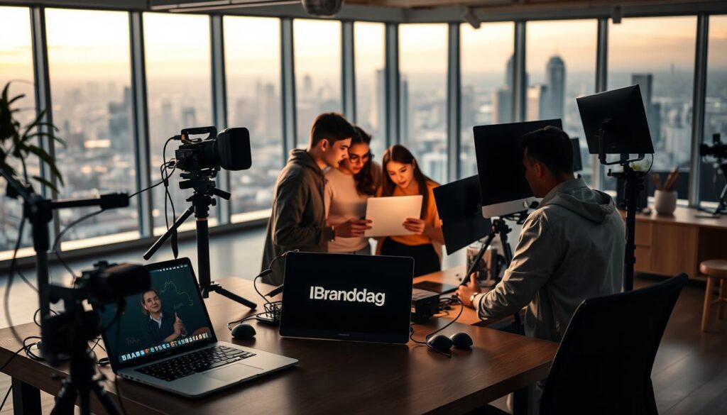 A modern, open-concept office space bathed in cinematic lighting. In the foreground, a desk with a laptop and various content creation tools, including a high-quality camera, microphone, and lighting equipment. The BrandMag logo is prominently displayed on the desk. In the middle ground, a group of young, dynamic content creators collaborating on a project, their faces illuminated by the glow of their screens. The background features a panoramic city skyline, suggesting a thriving, creative urban environment. The overall atmosphere is one of productivity, innovation, and a commitment to best practices in content creation. A modern, open-concept office space bathed in cinematic lighting. In the foreground, a desk with a laptop and various content creation tools, including a high-quality camera, microphone, and lighting equipment. The BrandMag logo is prominently displayed on the desk. In the middle ground, a group of young, dynamic content creators collaborating on a project, their faces illuminated by the glow of their screens. The background features a panoramic city skyline, suggesting a thriving, creative urban environment. The overall atmosphere is one of productivity, innovation, and a commitment to best practices in content creation.