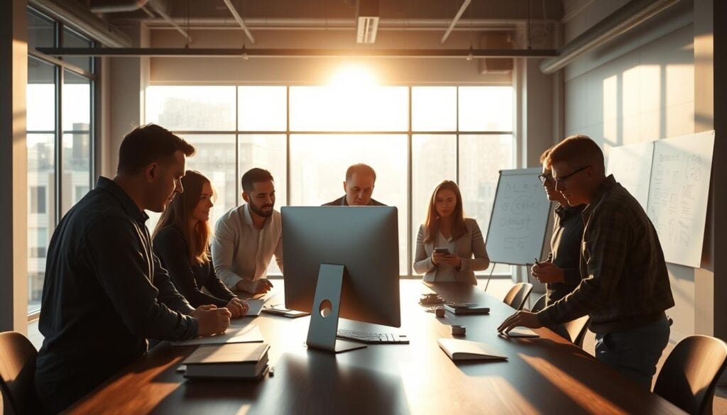 A modern, open-concept office space with natural light flooding through floor-to-ceiling windows. A group of professionals gathered around a large table, engaged in lively discussion and hands-on evaluation of a digital prototype displayed on a sleek, minimalist computer screen. The scene is bathed in warm, cinematic lighting that casts dramatic shadows, conveying a sense of focus and intensity. In the background, a whiteboard filled with sketches and notes hints at the iterative design process. The atmosphere is one of collaborative innovation, where rapid prototyping and user feedback drive the development of a Minimum Viable Product.