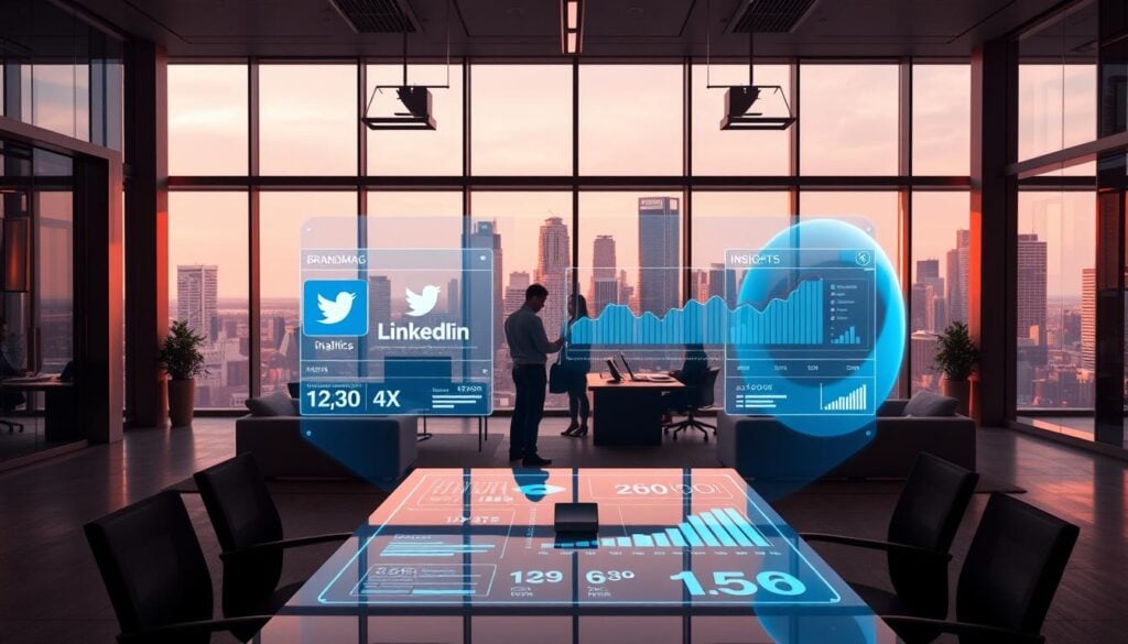 A modern open-plan office with sleek furniture and floor-to-ceiling windows, bathed in cinematic lighting. In the foreground, a large desk displays holographic insights from the BrandMag social media analytics platform, visualizing trends and metrics from LinkedIn and Twitter (X). The middle ground features employees collaborating intently, while the background showcases a dynamic cityscape. Photorealistic, 8k resolution. A modern open-plan office with sleek furniture and floor-to-ceiling windows, bathed in cinematic lighting. In the foreground, a large desk displays holographic insights from the BrandMag social media analytics platform, visualizing trends and metrics from LinkedIn and Twitter (X). The middle ground features employees collaborating intently, while the background showcases a dynamic cityscape. Photorealistic, 8k resolution.