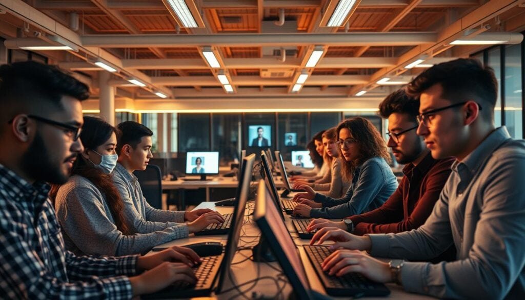 A modern open-space office, bathed in warm cinematic lighting. In the foreground, a group of content creators intently focused, shaping viral video moments on their screens. Diverse faces, determined expressions, fingers dancing across keyboards. In the middle ground, a backdrop of sleek workstations and minimalist decor, reflecting the high-tech, innovative atmosphere. The scene is captured with a wide-angle lens, emphasizing the energy and collaborative spirit of this creative hub. The overall mood is one of anticipation and inspiration, as these digital tastemakers work to craft the next big TikTok trends.