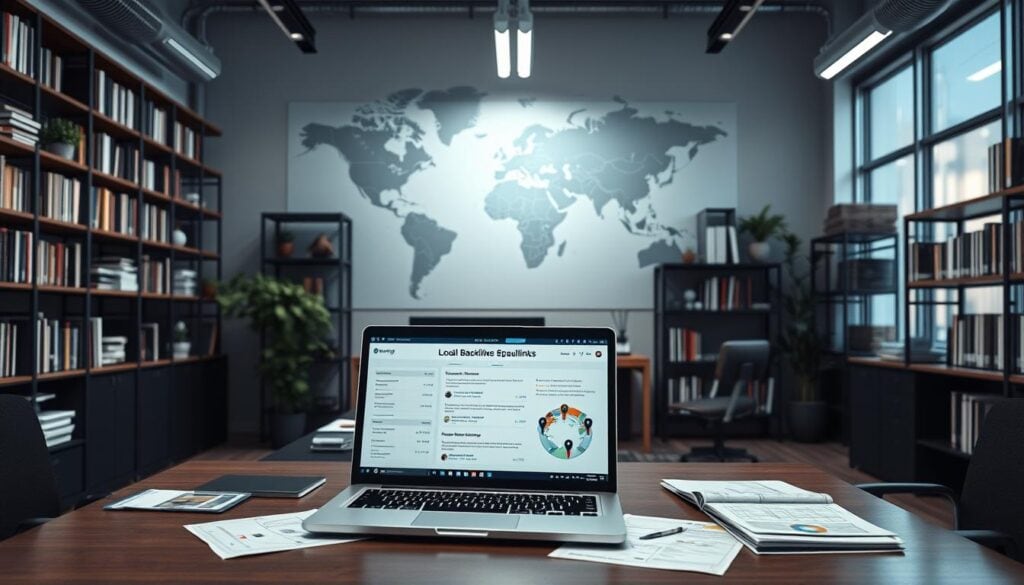 A modern, photorealistic office interior with cinematic lighting and a focus on local backlinks and citation opportunities for the BrandMag business. In the foreground, a laptop screen displays information on local SEO strategies, while a desk showcases various digital marketing materials. The middle ground features a large world map highlighting geographic locations, suggesting the global reach of local optimization efforts. The background includes shelves filled with books and reference materials, conveying a sense of expertise and research. The overall atmosphere is one of professionalism, productivity, and a commitment to mastering local SEO tactics. 8k resolution. A modern, photorealistic office interior with cinematic lighting and a focus on local backlinks and citation opportunities for the BrandMag business. In the foreground, a laptop screen displays information on local SEO strategies, while a desk showcases various digital marketing materials. The middle ground features a large world map highlighting geographic locations, suggesting the global reach of local optimization efforts. The background includes shelves filled with books and reference materials, conveying a sense of expertise and research. The overall atmosphere is one of professionalism, productivity, and a commitment to mastering local SEO tactics. 8k resolution.