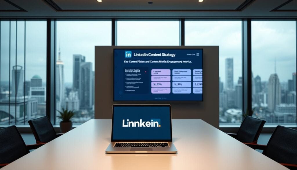 A modern, professional office setting with cinematic lighting. In the foreground, a sleek, minimalist desk showcases a laptop displaying a LinkedIn content strategy presentation, the "BrandMag" logo prominently featured. The middle ground reveals a wall-mounted display highlighting key content pillars and engagement metrics, while the background features floor-to-ceiling windows overlooking a bustling city skyline. The overall atmosphere conveys a sense of authority, innovation, and a strategic approach to personal branding on LinkedIn. Photorealistic, 8k resolution.