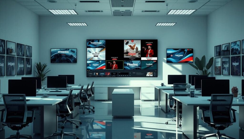 A modern, professional office setting with sleek desks, ergonomic chairs, and minimalist decor. In the center, a large monitor displays a variety of video editing templates for social media, showcasing dynamic text overlays, animated graphics, and seamless transitions. Cinematic lighting casts dramatic shadows, creating a polished, cinematic atmosphere. The scene is captured in high resolution, 8K, presenting a photorealistic rendering of the ultimate video editing tools for social media marketing. A modern, professional office setting with sleek desks, ergonomic chairs, and minimalist decor. In the center, a large monitor displays a variety of video editing templates for social media, showcasing dynamic text overlays, animated graphics, and seamless transitions. Cinematic lighting casts dramatic shadows, creating a polished, cinematic atmosphere. The scene is captured in high resolution, 8K, presenting a photorealistic rendering of the ultimate video editing tools for social media marketing.