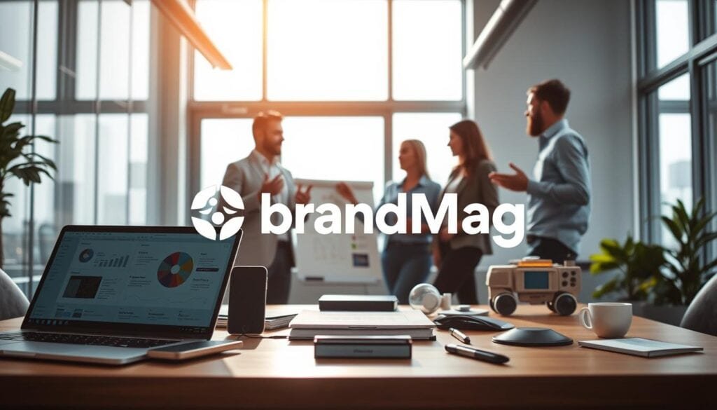 A modern, sleek office environment with natural lighting filtering through large windows. In the foreground, an array of agile marketing tools are prominently displayed, including a laptop, smartphone, digital whiteboard, and collaborative software interface. The middle ground showcases a team of professionals engaged in an animated discussion, gesturing towards the tools. In the background, the BrandMag logo is subtly integrated, conveying a sense of a professional, forward-thinking marketing agency. The overall atmosphere is one of efficiency, innovation, and a dedication to agile principles.