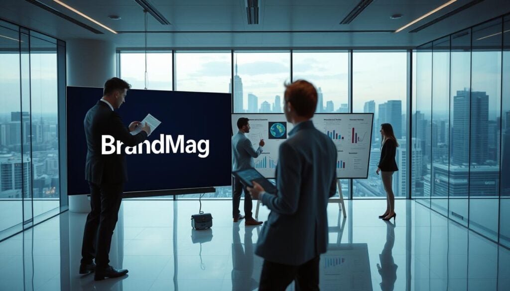 A modern, sleek office interior with cinematic lighting and minimalist design. In the foreground, a businessperson reviews marketing materials on a large, floating display emblazoned with the BrandMag logo. The middle ground features a team of professionals collaborating on a digital whiteboard, immersed in the neuromarketing data visualizations. In the background, the panoramic city skyline is visible through floor-to-ceiling windows, creating a sense of urban sophistication. The scene conveys the integration of cutting-edge technology, strategic thinking, and psychological insights to drive multi-channel marketing campaigns. Photorealistic, 8K resolution.