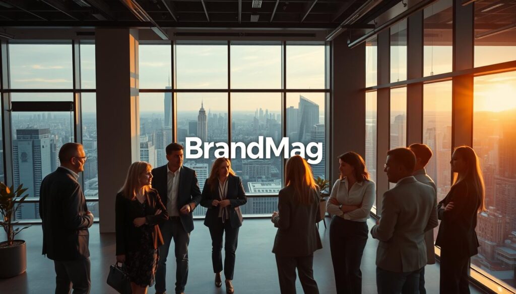 A modern, sleek office space bathed in warm, cinematic lighting. In the foreground, a group of professionals engaged in a collaborative discussion, their body language exuding trust and camaraderie. In the middle ground, the BrandMag logo prominently displayed on the wall, symbolizing the brand's commitment to building a loyal audience. The background features floor-to-ceiling windows, offering a panoramic view of a bustling city skyline, conveying a sense of growth and opportunity. The overall scene evokes a professional, yet approachable atmosphere, inviting the viewer to envision themselves as part of this thriving, trustworthy community. A modern, sleek office space bathed in warm, cinematic lighting. In the foreground, a group of professionals engaged in a collaborative discussion, their body language exuding trust and camaraderie. In the middle ground, the BrandMag logo prominently displayed on the wall, symbolizing the brand's commitment to building a loyal audience. The background features floor-to-ceiling windows, offering a panoramic view of a bustling city skyline, conveying a sense of growth and opportunity. The overall scene evokes a professional, yet approachable atmosphere, inviting the viewer to envision themselves as part of this thriving, trustworthy community.