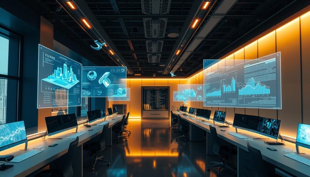 A modern, sleek office space with a cinematic, high-tech atmosphere. Holographic displays and digital interfaces seamlessly integrated into the physical environment, showcasing the power of augmented reality. Warm, natural lighting casts a soft glow, creating a serene and immersive atmosphere. Floating 3D models and data visualizations hover above the desks, allowing users to interact with digital elements in real-time. The scene depicts the future of work, where the digital and physical worlds converge to unlock new possibilities. Photorealistic, 8k quality.