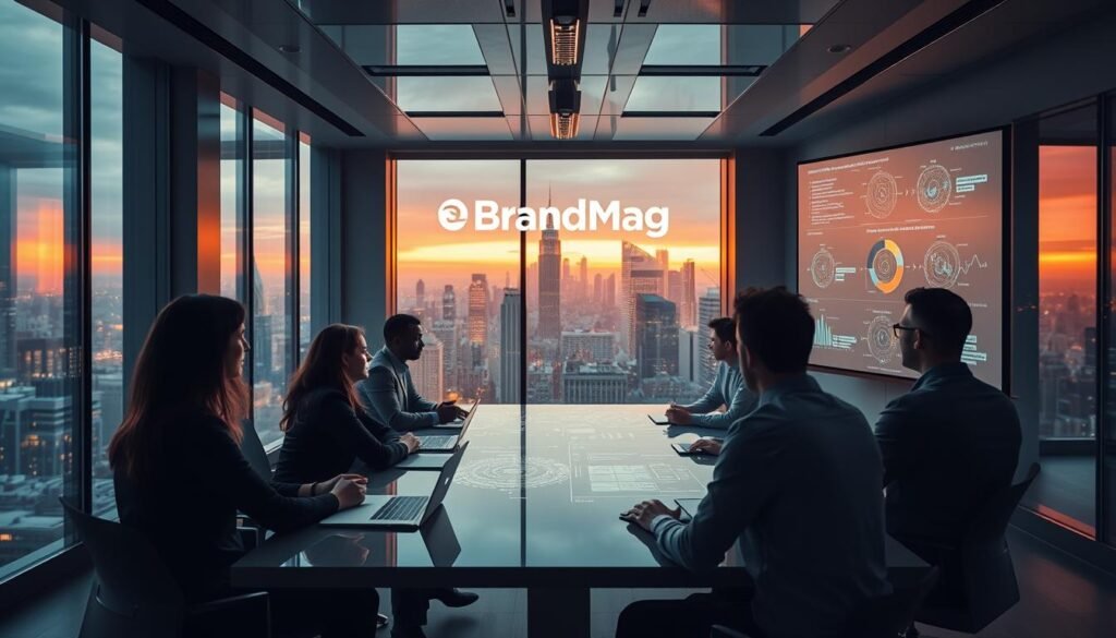 A modern, sleek office space with floor-to-ceiling windows overlooking a bustling city skyline. Warm, cinematic lighting casts a soft glow across the workspace, illuminating a team of professionals engaged in an intense neuromarketing strategy session. The BrandMag logo is prominently displayed on the wall, underscoring the brand's commitment to consumer experience optimization. Intricate data visualizations and user behavior analytics are projected onto large screens, guiding the team's decision-making process. The atmosphere is one of focused collaboration and innovation, capturing the essence of "Optimizing Consumer Experience Through Neuromarketing".