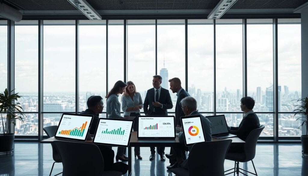 Modern conference room with business professionals and digital charts.