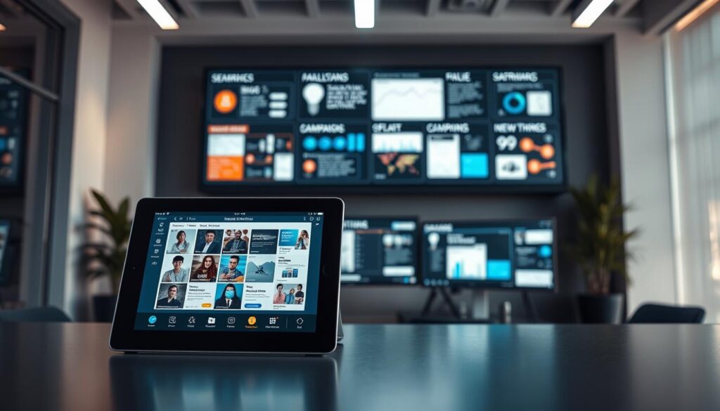 A modern, sleek office space with various social media and marketing integration options prominently displayed. In the foreground, a tablet showcases seamless social media feed integrations, while in the middle ground, a desktop computer displays analytics dashboards and campaign management tools. The background features a large wall-mounted display showcasing interactive infographic templates, all bathed in cinematic, dramatic lighting. The scene conveys a sense of efficiency, connectivity, and the future of digital marketing.