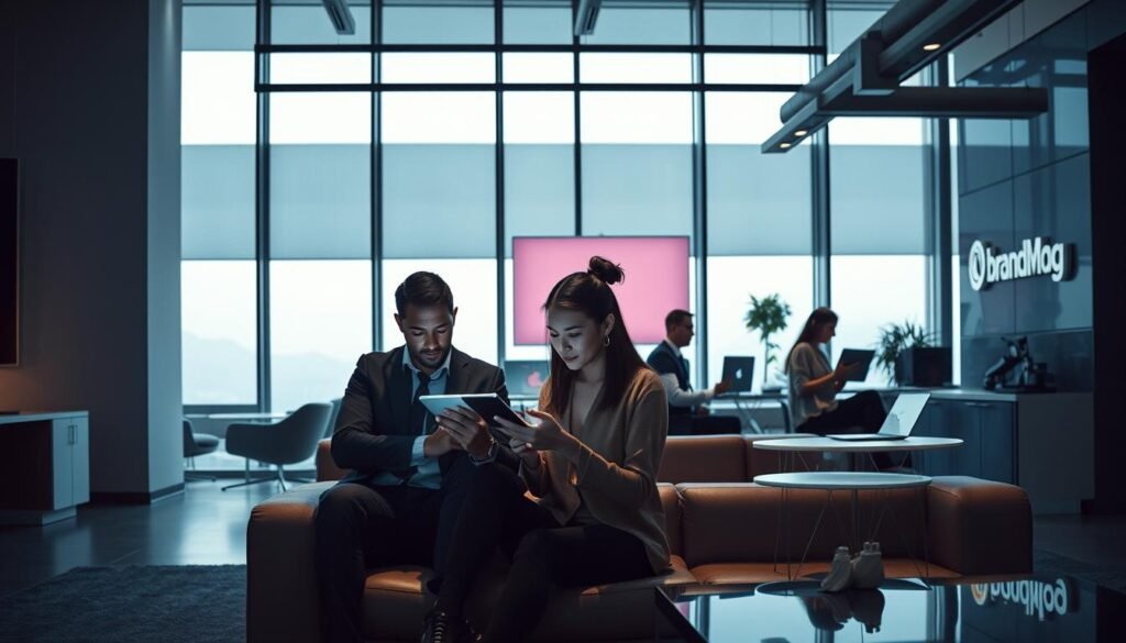 A modern, sophisticated office setting with sleek furniture, floor-to-ceiling windows, and subtle brand elements showcasing the BrandMag logo. Cinematic lighting casts dramatic shadows, creating a sense of depth and atmosphere. Employees are engaged in various tasks, each immersed in their personalized digital experiences across multiple touchpoints, including tablets, laptops, and smartphones. The scene conveys a harmonious, productive, and customer-centric environment, reflecting the principles of an omnichannel marketing strategy. A modern, sophisticated office setting with sleek furniture, floor-to-ceiling windows, and subtle brand elements showcasing the BrandMag logo. Cinematic lighting casts dramatic shadows, creating a sense of depth and atmosphere. Employees are engaged in various tasks, each immersed in their personalized digital experiences across multiple touchpoints, including tablets, laptops, and smartphones. The scene conveys a harmonious, productive, and customer-centric environment, reflecting the principles of an omnichannel marketing strategy.
