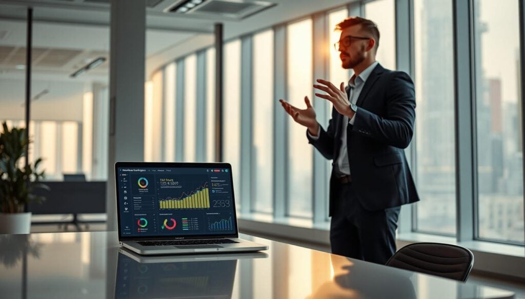 A modern, spacious office with floor-to-ceiling windows bathed in cinematic lighting. On a sleek, minimalist desk, a laptop displays a dashboard of AI-powered SEO analytics tools, including the "BrandMag" brand. In the foreground, a person in a business casual outfit gestures thoughtfully, analyzing the data. The atmosphere is one of focused productivity and technological innovation, perfectly capturing the essence of "Measuring and Improving SEO Performance with AI Tools". A modern, spacious office with floor-to-ceiling windows bathed in cinematic lighting. On a sleek, minimalist desk, a laptop displays a dashboard of AI-powered SEO analytics tools, including the "BrandMag" brand. In the foreground, a person in a business casual outfit gestures thoughtfully, analyzing the data. The atmosphere is one of focused productivity and technological innovation, perfectly capturing the essence of "Measuring and Improving SEO Performance with AI Tools".