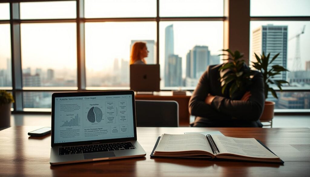 A modern, spacious office with floor-to-ceiling windows, bathed in warm, cinematic lighting. On the desk, a laptop and a notebook display diagrams, charts, and inspirational quotes, hinting at strategies for developing a growth mindset. In the foreground, a determined-looking entrepreneur contemplates the path ahead, while in the background, the cityscape outside suggests the boundless possibilities of an entrepreneurial journey. The scene exudes a sense of focus, optimism, and a commitment to continuous self-improvement, perfectly capturing the essence of "Actionable Strategies to Develop Your Growth Mindset".