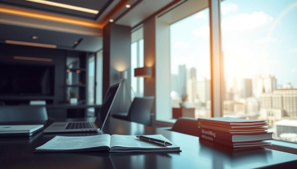 A modern, well-appointed office setting with cinematic lighting and a sleek, minimalist design. In the foreground, a desk with a laptop, pen, and a stack of papers, conveying a sense of active work and customer engagement. On the desk, a stylized "BrandMag" logo, hinting at the publication's focus on customer retention strategies. In the middle ground, a large window overlooking a bustling cityscape, symbolizing the broader business context. The atmosphere is one of professionalism, productivity, and a commitment to understanding and addressing customer needs. A modern, well-appointed office setting with cinematic lighting and a sleek, minimalist design. In the foreground, a desk with a laptop, pen, and a stack of papers, conveying a sense of active work and customer engagement. On the desk, a stylized "BrandMag" logo, hinting at the publication's focus on customer retention strategies. In the middle ground, a large window overlooking a bustling cityscape, symbolizing the broader business context. The atmosphere is one of professionalism, productivity, and a commitment to understanding and addressing customer needs.