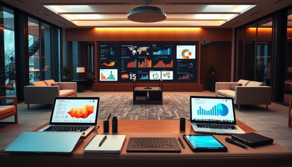 A modern, well-appointed office space serves as the backdrop for an expertly curated infographic tools review. Sleek, minimalist furniture and warm, cinematic lighting set the stage for a compelling visual presentation. In the foreground, a collection of premium digital devices - laptops, tablets, and styluses - are artfully arranged, hinting at the sophisticated tools used to craft impactful infographics. The middle ground features a large, high-resolution display showcasing a selection of data visualization examples, each demonstrating the power and versatility of the featured tools. The overall atmosphere is one of professionalism, innovation, and a keen eye for detail - an ideal representation of the "Expert Roundup and User Reviews" section.