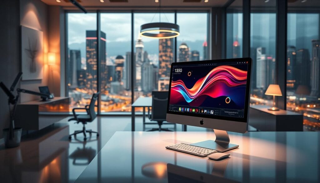 A modern, well-appointed office space showcases the latest advancements in design software. In the foreground, a sleek desktop computer displays vibrant, dynamic visuals powered by cutting-edge AI technology. The middle ground features a stylish workspace with a minimalist table, ergonomic chair, and elegant lighting fixtures that bathe the scene in a warm, cinematic glow. In the background, floor-to-ceiling windows offer a panoramic view of a bustling city skyline, reflecting the innovative and forward-thinking nature of the design tools on display. The overall atmosphere exudes a sense of sophistication, creativity, and the seamless integration of human and artificial intelligence in the creative process. A modern, well-appointed office space showcases the latest advancements in design software. In the foreground, a sleek desktop computer displays vibrant, dynamic visuals powered by cutting-edge AI technology. The middle ground features a stylish workspace with a minimalist table, ergonomic chair, and elegant lighting fixtures that bathe the scene in a warm, cinematic glow. In the background, floor-to-ceiling windows offer a panoramic view of a bustling city skyline, reflecting the innovative and forward-thinking nature of the design tools on display. The overall atmosphere exudes a sense of sophistication, creativity, and the seamless integration of human and artificial intelligence in the creative process.
