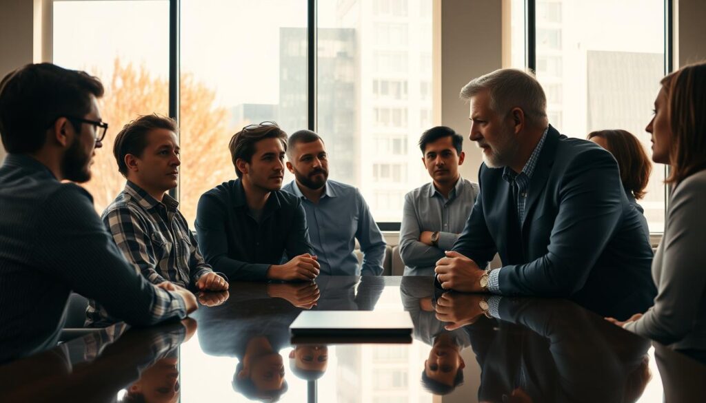A modern, well-appointed office space with abundant natural light streaming through large windows. A team of startup founders gathered around a polished conference table, engaged in a dynamic discussion. Cinematic lighting casts a warm, authoritative glow, emphasizing the gravity of the conversation. The founders listen intently, faces etched with a mix of concentration and eager anticipation, as a seasoned mentor offers their expert guidance - a wealth of experience distilled into clear, insightful words. The atmosphere is one of collaborative learning, a shared sense of purpose driving the startup's journey forward. 8K resolution captures every nuance, from the refined decor to the resolute expressions on the founders' faces. A modern, well-appointed office space with abundant natural light streaming through large windows. A team of startup founders gathered around a polished conference table, engaged in a dynamic discussion. Cinematic lighting casts a warm, authoritative glow, emphasizing the gravity of the conversation. The founders listen intently, faces etched with a mix of concentration and eager anticipation, as a seasoned mentor offers their expert guidance - a wealth of experience distilled into clear, insightful words. The atmosphere is one of collaborative learning, a shared sense of purpose driving the startup's journey forward. 8K resolution captures every nuance, from the refined decor to the resolute expressions on the founders' faces.