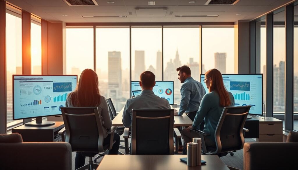 A modern, well-appointed office space with sleek, minimalist furnishings and floor-to-ceiling windows that flood the room with warm, cinematic lighting. In the foreground, a team of professionals pore over market research data displayed on high-resolution monitors, their expressions thoughtful as they analyze the insights. The middle ground showcases a central conference table surrounded by ergonomic chairs, creating a collaborative atmosphere. In the background, the city skyline is visible through the windows, hinting at the wider business landscape. The scene conveys a sense of focus, strategic planning, and data-driven decision making - key elements of validating a business idea. Photorealistic, 8K resolution. A modern, well-appointed office space with sleek, minimalist furnishings and floor-to-ceiling windows that flood the room with warm, cinematic lighting. In the foreground, a team of professionals pore over market research data displayed on high-resolution monitors, their expressions thoughtful as they analyze the insights. The middle ground showcases a central conference table surrounded by ergonomic chairs, creating a collaborative atmosphere. In the background, the city skyline is visible through the windows, hinting at the wider business landscape. The scene conveys a sense of focus, strategic planning, and data-driven decision making - key elements of validating a business idea. Photorealistic, 8K resolution.