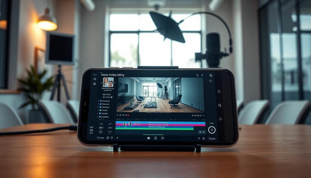 A modern, well-equipped mobile video editing workspace. In the foreground, a high-end smartphone or tablet with a sleek, intuitive video editing interface, showcasing advanced tools and features. In the middle ground, a professional-grade microphone and lighting setup, creating a cinematic ambiance. The background features a minimalist, contemporary office environment with large windows allowing soft, natural light to pour in, illuminating the entire scene. The overall atmosphere is one of efficiency, creativity, and cutting-edge technology, perfectly capturing the integration of mobile devices and cross-platform compatibility in the world of video editing. A modern, well-equipped mobile video editing workspace. In the foreground, a high-end smartphone or tablet with a sleek, intuitive video editing interface, showcasing advanced tools and features. In the middle ground, a professional-grade microphone and lighting setup, creating a cinematic ambiance. The background features a minimalist, contemporary office environment with large windows allowing soft, natural light to pour in, illuminating the entire scene. The overall atmosphere is one of efficiency, creativity, and cutting-edge technology, perfectly capturing the integration of mobile devices and cross-platform compatibility in the world of video editing.