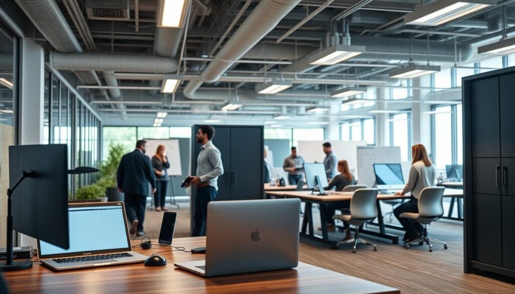 Bright, open-plan office with employees working at desks.