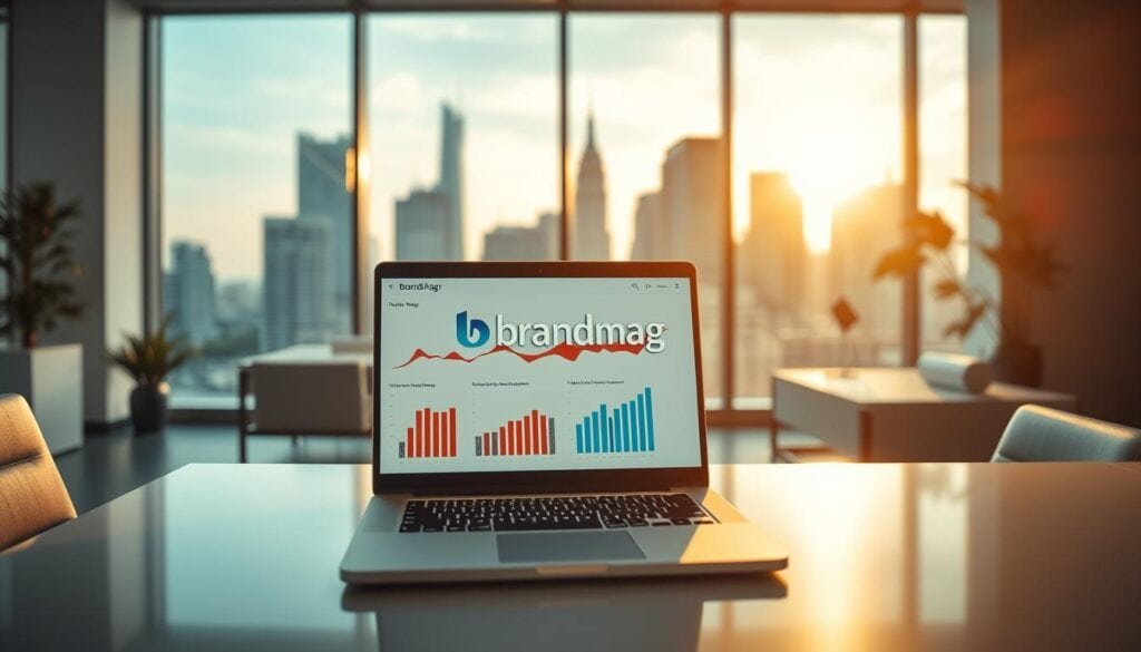 A modern, well-lit office interior with sleek, minimalist furniture and large windows overlooking a cityscape. On the desk, a laptop displays intricate graphs and charts, representing historical data and predictive models. The BrandMag logo is prominently featured on the laptop screen. The room is bathed in a warm, cinematic lighting, creating a sense of professionalism and innovation. The overall atmosphere conveys the power of data-driven insights and the role of predictive analytics in understanding consumer behavior. A modern, well-lit office interior with sleek, minimalist furniture and large windows overlooking a cityscape. On the desk, a laptop displays intricate graphs and charts, representing historical data and predictive models. The BrandMag logo is prominently featured on the laptop screen. The room is bathed in a warm, cinematic lighting, creating a sense of professionalism and innovation. The overall atmosphere conveys the power of data-driven insights and the role of predictive analytics in understanding consumer behavior.