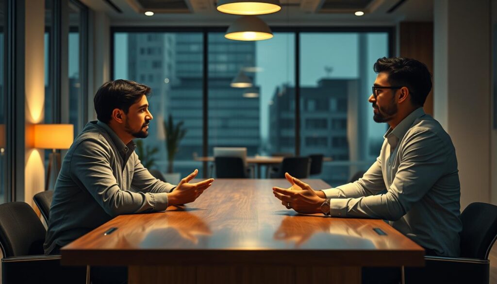 A modern, well-lit office setting with two prospective co-founders engaged in a thoughtful discussion. Warm, cinematic lighting casts a soft glow, creating an intimate and professional atmosphere. The pair sit across a polished wooden table, leaning in, gesturing animatedly as they explore the potential for a thrilling new venture. Sleek, minimalist decor and floor-to-ceiling windows provide a sophisticated backdrop, hinting at the high-stakes world of startup collaboration. An 8K photorealistic rendering captures the nuanced body language and earnest expressions of these two individuals navigating the critical "co-founder dating" process. A modern, well-lit office setting with two prospective co-founders engaged in a thoughtful discussion. Warm, cinematic lighting casts a soft glow, creating an intimate and professional atmosphere. The pair sit across a polished wooden table, leaning in, gesturing animatedly as they explore the potential for a thrilling new venture. Sleek, minimalist decor and floor-to-ceiling windows provide a sophisticated backdrop, hinting at the high-stakes world of startup collaboration. An 8K photorealistic rendering captures the nuanced body language and earnest expressions of these two individuals navigating the critical "co-founder dating" process.
