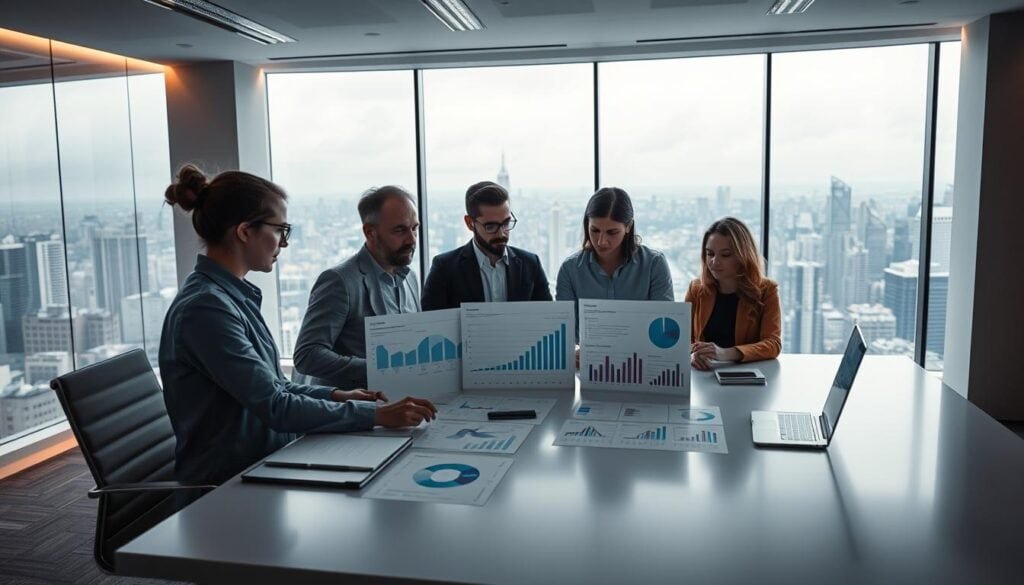 A modern, well-lit office space, bathed in soft, cinematic lighting. A sleek, minimalist desk dominates the foreground, its surface adorned with an array of carefully arranged business analytics dashboards, charts, and graphs. In the middle ground, a team of professionals intently examining the data, their expressions pensive as they meticulously measure and validate product-market fit metrics. The background is a panoramic window, offering a breathtaking view of a bustling city skyline, further emphasizing the professionalism and gravity of the scene. The overall atmosphere is one of focused determination, as the team works to uncover the insights that will drive their business forward. Photorealistic, 8K resolution. A modern, well-lit office space, bathed in soft, cinematic lighting. A sleek, minimalist desk dominates the foreground, its surface adorned with an array of carefully arranged business analytics dashboards, charts, and graphs. In the middle ground, a team of professionals intently examining the data, their expressions pensive as they meticulously measure and validate product-market fit metrics. The background is a panoramic window, offering a breathtaking view of a bustling city skyline, further emphasizing the professionalism and gravity of the scene. The overall atmosphere is one of focused determination, as the team works to uncover the insights that will drive their business forward. Photorealistic, 8K resolution.