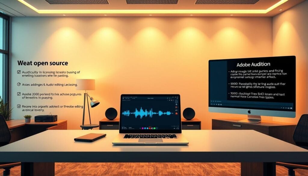 A modern, well-lit office space showcasing various audio editing software licensing models. In the center, a sleek desk displays a laptop showcasing Audacity's free and open-source licensing, while nearby, an Adobe Audition interface demonstrates its subscription-based model. Warm, cinematic lighting illuminates the scene, highlighting the contrasting business approaches. The walls feature minimalist infographics detailing the key differences in pricing and licensing between the two audio editing powerhouses. An 8K photorealistic rendering captures the professional, informative atmosphere.