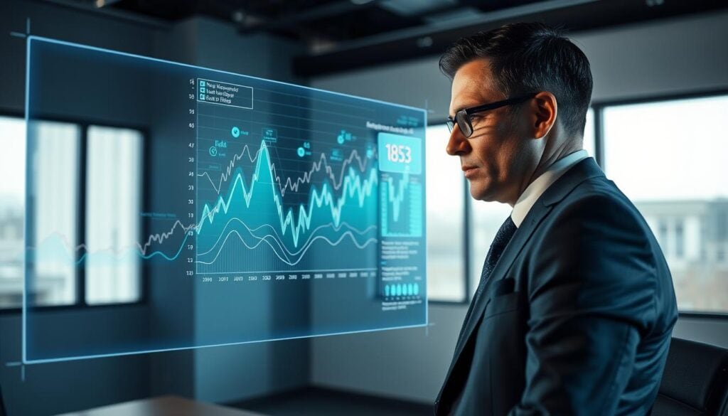 A modern, well-lit office space where a financial analyst closely examines a visualization of audio data trends. Cinematic lighting casts dramatic shadows, highlighting the intense focus on the holographic display. Intricate line graphs, waveforms, and data visualizations dance across the screen, painting a picture of the evolving audio landscape. The analyst, dressed in a sharp, tailored suit, leans in, scrutinizing the insights with a thoughtful expression. The room is minimalist, with clean lines and a sleek, high-tech aesthetic that amplifies the sense of technological sophistication. This 8K image conveys the gravity and importance of understanding audio trends to predict future TikTok phenomena.