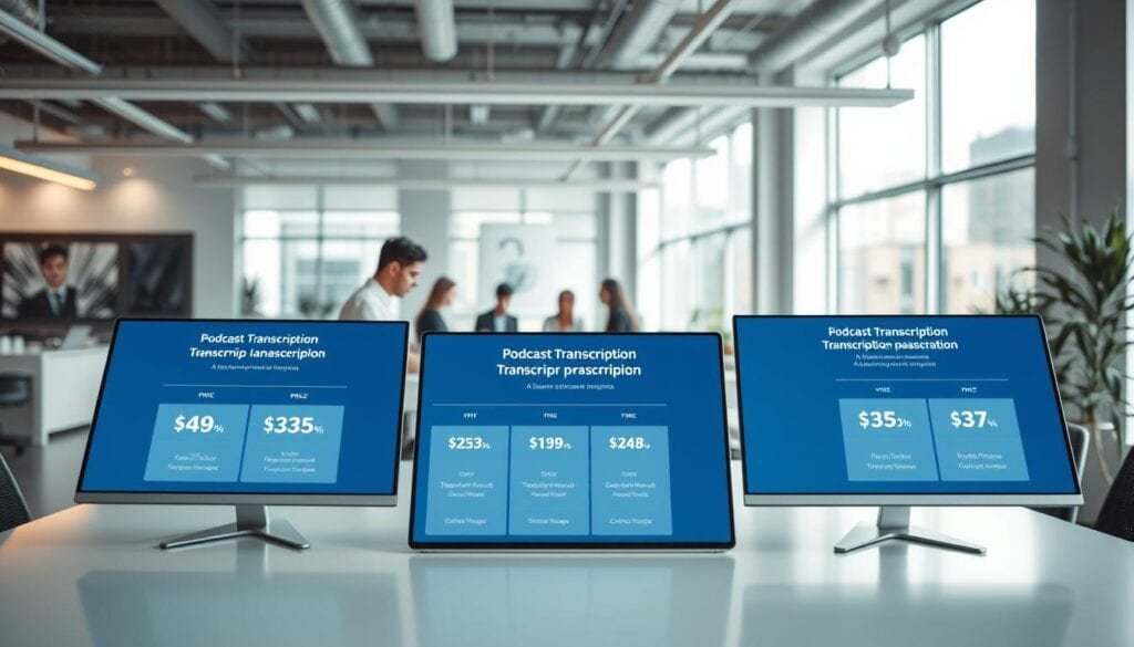 A modern, well-lit office space with a clean, minimalistic aesthetic. In the foreground, a sleek desk showcases various pricing models and subscription tiers for podcast transcription services, presented on stylish digital displays. The middle ground features a team of professionals collaborating, their faces obscured to maintain focus on the data visualizations. In the background, large windows flood the room with natural light, creating a bright, airy atmosphere. The overall scene conveys a sense of professionalism, efficiency, and innovation within the AI-powered transcription industry.