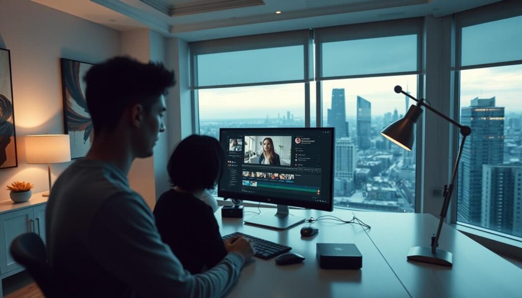 A modern, well-lit office space with a large desk, a sleek desktop computer, and a stylish lamp. In the foreground, a person is intently editing video on the computer screen, their face illuminated by the glow of the display. The background features tasteful abstract art on the walls and a large window overlooking a bustling city skyline. The overall atmosphere is one of focused productivity and creative engagement, capturing the essence of strategies for crafting captivating TikTok videos. A modern, well-lit office space with a large desk, a sleek desktop computer, and a stylish lamp. In the foreground, a person is intently editing video on the computer screen, their face illuminated by the glow of the display. The background features tasteful abstract art on the walls and a large window overlooking a bustling city skyline. The overall atmosphere is one of focused productivity and creative engagement, capturing the essence of strategies for crafting captivating TikTok videos.