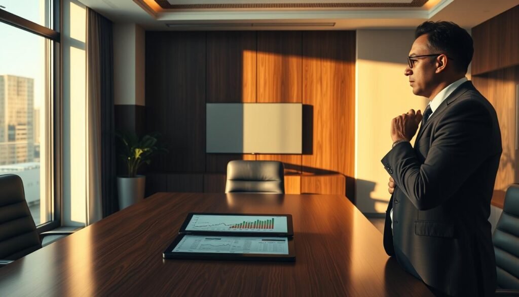 A modern, well-lit office space with a large mahogany desk at the center. On the desk, a tablet display shows a detailed graph depicting the investment portfolio, with various financial metrics and indicators. The investor advisor stands beside the desk, hand on chin, contemplating the balance between risk and reward. Warm, directional lighting illuminates the scene, casting subtle shadows that accentuate the depth and volume of the space. The atmosphere is one of pensive professionalism, with a subtle sense of the gravity of the decision at hand. Photorealistic, cinematic, 8k. A modern, well-lit office space with a large mahogany desk at the center. On the desk, a tablet display shows a detailed graph depicting the investment portfolio, with various financial metrics and indicators. The investor advisor stands beside the desk, hand on chin, contemplating the balance between risk and reward. Warm, directional lighting illuminates the scene, casting subtle shadows that accentuate the depth and volume of the space. The atmosphere is one of pensive professionalism, with a subtle sense of the gravity of the decision at hand. Photorealistic, cinematic, 8k.