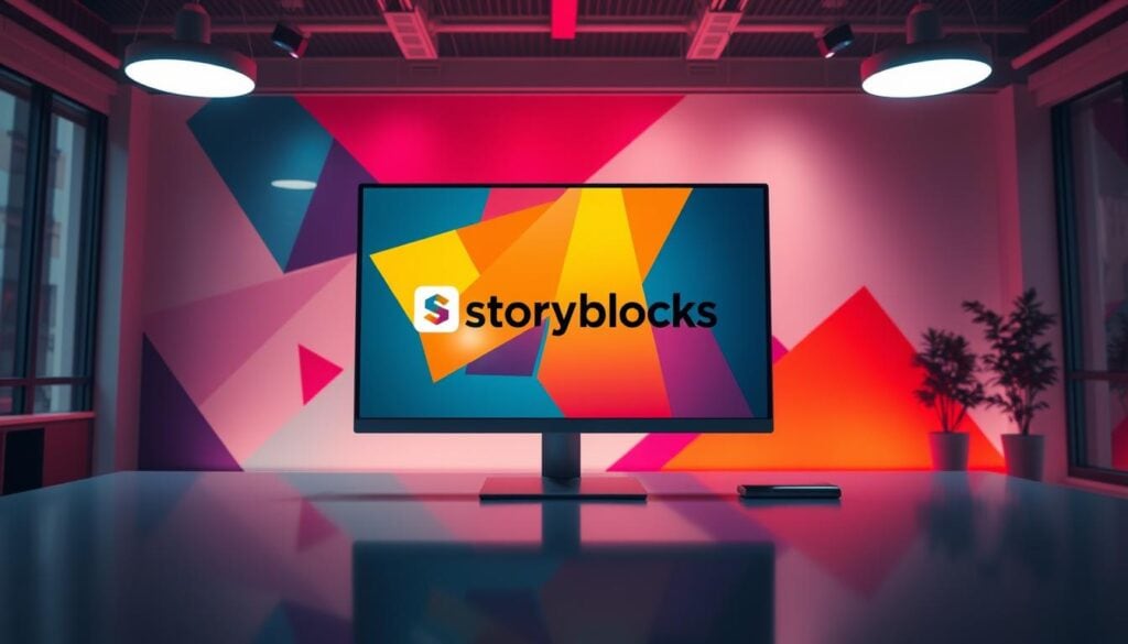 A modern, well-lit office space with a large, sleek computer monitor displaying the Storyblocks logo against a backdrop of vibrant colors and abstract geometric shapes. The scene exudes a sense of professionalism and creativity, with a cinematic quality achieved through the use of dramatic lighting and a cinematic camera angle. The overall impression is one of unlimited creative resources and possibilities, perfectly capturing the essence of the "Storyblocks: Unlimited Creative Resources" section. A modern, well-lit office space with a large, sleek computer monitor displaying the Storyblocks logo against a backdrop of vibrant colors and abstract geometric shapes. The scene exudes a sense of professionalism and creativity, with a cinematic quality achieved through the use of dramatic lighting and a cinematic camera angle. The overall impression is one of unlimited creative resources and possibilities, perfectly capturing the essence of the "Storyblocks: Unlimited Creative Resources" section.