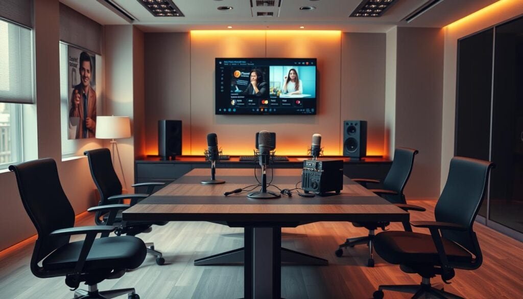 A modern, well-lit office space with a large studio-quality desk and ergonomic chairs. In the center, a prominent microphone and audio equipment sit atop the desk, indicating a professional podcast recording setup. The walls feature sleek, minimalist decor, with a large TV screen showcasing a visually engaging presentation. Warm, cinematic lighting illuminates the scene, creating a sense of depth and atmosphere. The overall impression is one of a high-quality, well-produced podcast recording environment, reflecting the professionalism and attention to detail that would be expected in a successful case study.