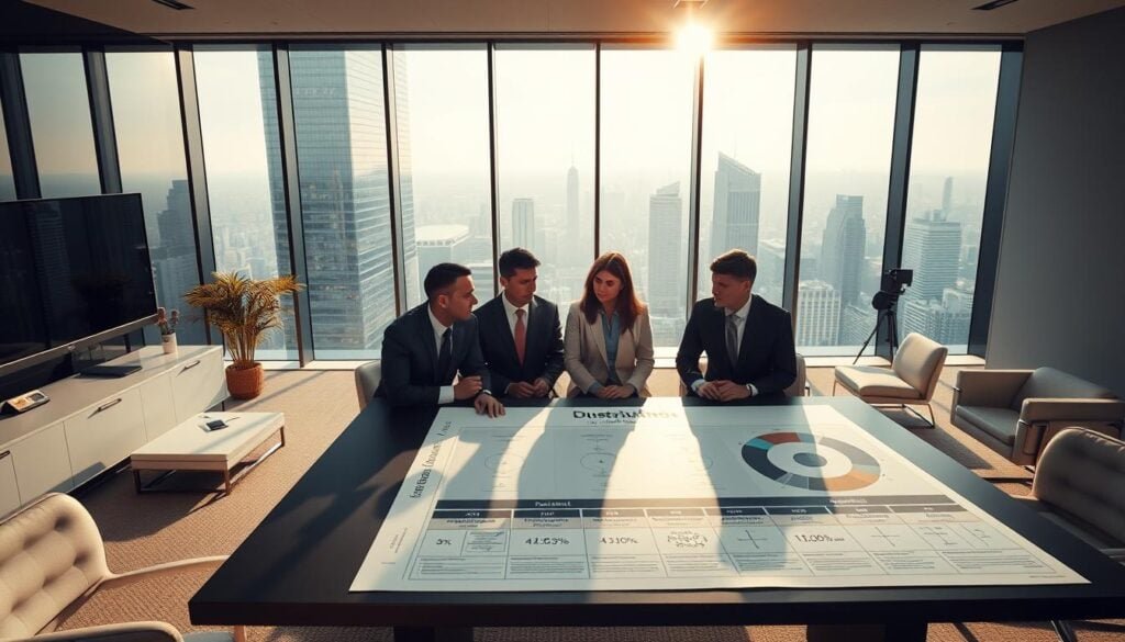 A modern, well-lit office space with a large table at the center. On the table, a detailed equity distribution plan is laid out, showcasing various segments and percentages. In the foreground, a group of business professionals in suits are engaged in a collaborative discussion, their expressions serious yet thoughtful. The middle ground features sleek furniture and minimalist decor, while the background is filled with floor-to-ceiling windows, providing a panoramic view of a bustling city skyline. The lighting is cinematic, casting dramatic shadows and highlighting the important details of the equity distribution plan. The overall atmosphere conveys a sense of professionalism, strategy, and careful decision-making. A modern, well-lit office space with a large table at the center. On the table, a detailed equity distribution plan is laid out, showcasing various segments and percentages. In the foreground, a group of business professionals in suits are engaged in a collaborative discussion, their expressions serious yet thoughtful. The middle ground features sleek furniture and minimalist decor, while the background is filled with floor-to-ceiling windows, providing a panoramic view of a bustling city skyline. The lighting is cinematic, casting dramatic shadows and highlighting the important details of the equity distribution plan. The overall atmosphere conveys a sense of professionalism, strategy, and careful decision-making.