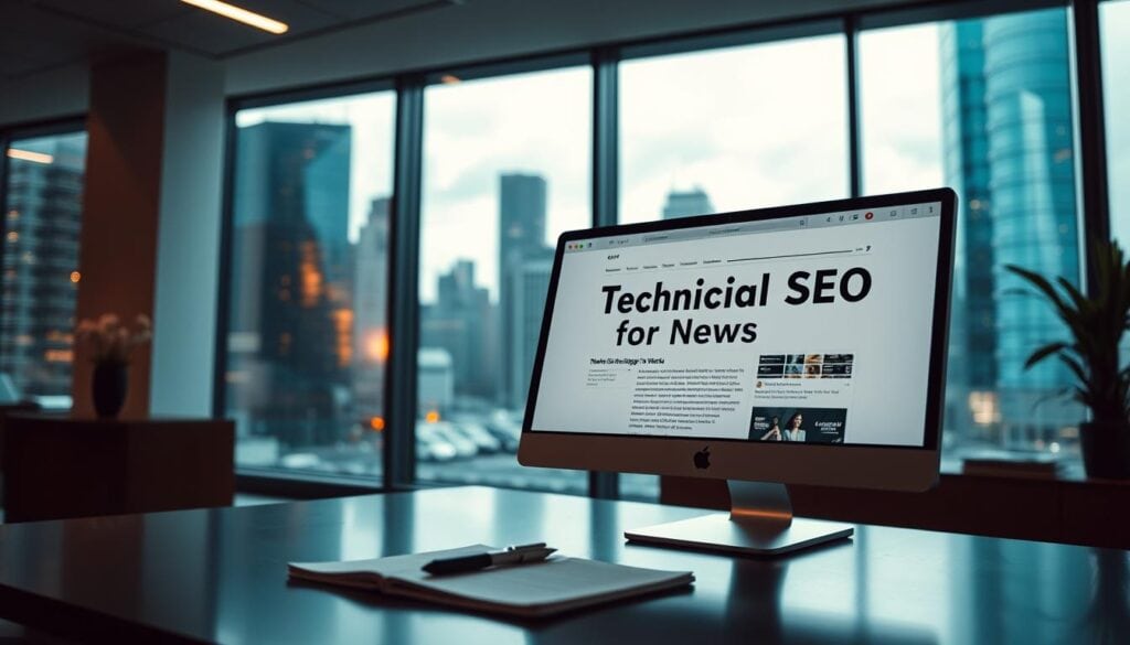 A modern, well-lit office space with a large window overlooking a bustling city skyline. In the foreground, a news article is displayed on a sleek desktop computer, its content focused on "Technical SEO for News Websites". The screen reflects the cinematic lighting, creating depth and drama. On the desk, a notebook and pen sit neatly, hinting at the journalist's research and planning process. The overall atmosphere is professional, visually compelling, and designed to showcase the importance of technical SEO for news organizations seeking to maximize the visibility and discoverability of their content. A modern, well-lit office space with a large window overlooking a bustling city skyline. In the foreground, a news article is displayed on a sleek desktop computer, its content focused on "Technical SEO for News Websites". The screen reflects the cinematic lighting, creating depth and drama. On the desk, a notebook and pen sit neatly, hinting at the journalist's research and planning process. The overall atmosphere is professional, visually compelling, and designed to showcase the importance of technical SEO for news organizations seeking to maximize the visibility and discoverability of their content.